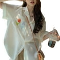 thumbnail image 3 of Camisa con botones para mujer, manga corta, estampado de flores, transpirable, delgada, informal, suelta, camisa con botones para verano, blanco, L, 3 of 14