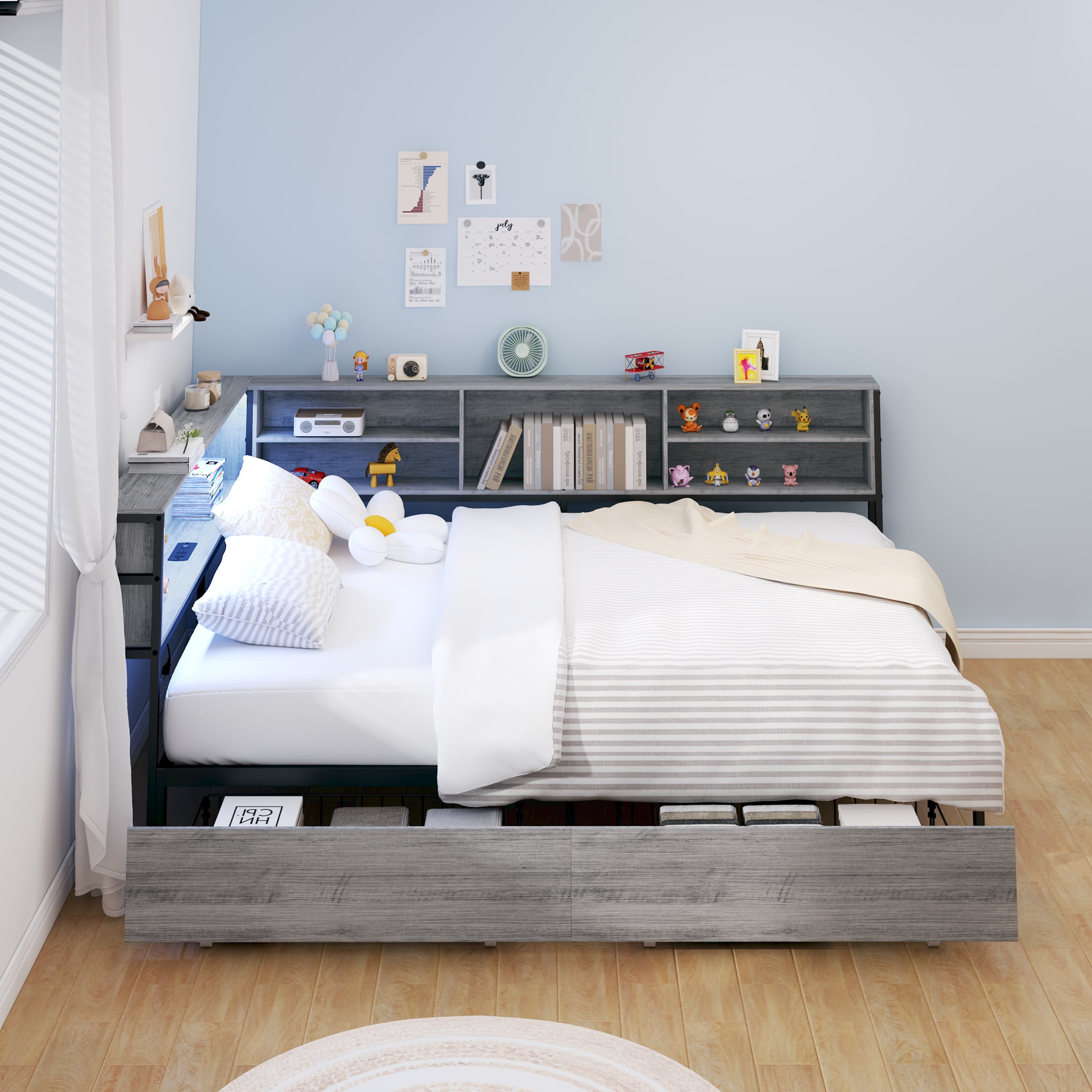 Yoneston Full Corner Bed with Bookcase Headboard & Charging Station, Platform Bed Frame with LED Lights & 2 Storage Drawers for Bedroom Living Room, Gray