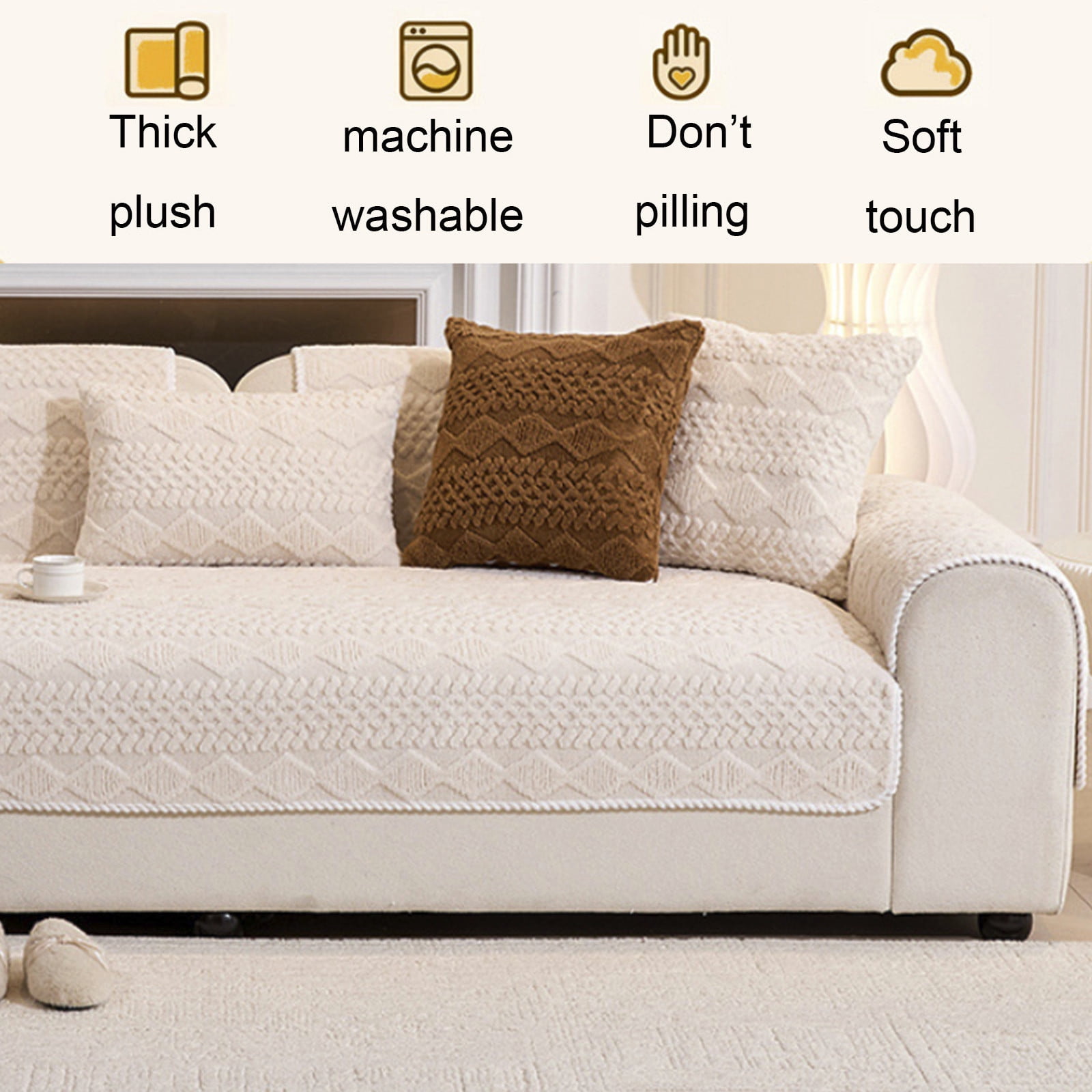 Plush Sofa Cover Non Slip Washable, Thick Soft Couch Cushion Protector for Pets, Anti Scratch Furniture Cover Blanket for Three Seater Sofa Living Room All Season Use