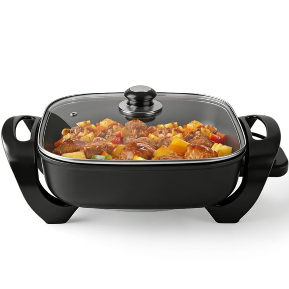 12 Inch 1500W Electric Skillet & Frying Pan, Nonstick Cast Iron with Tempered Glass Vented Lid, Adjustable Temperature, Fast Heating Easy to Clean for Household Kitchen