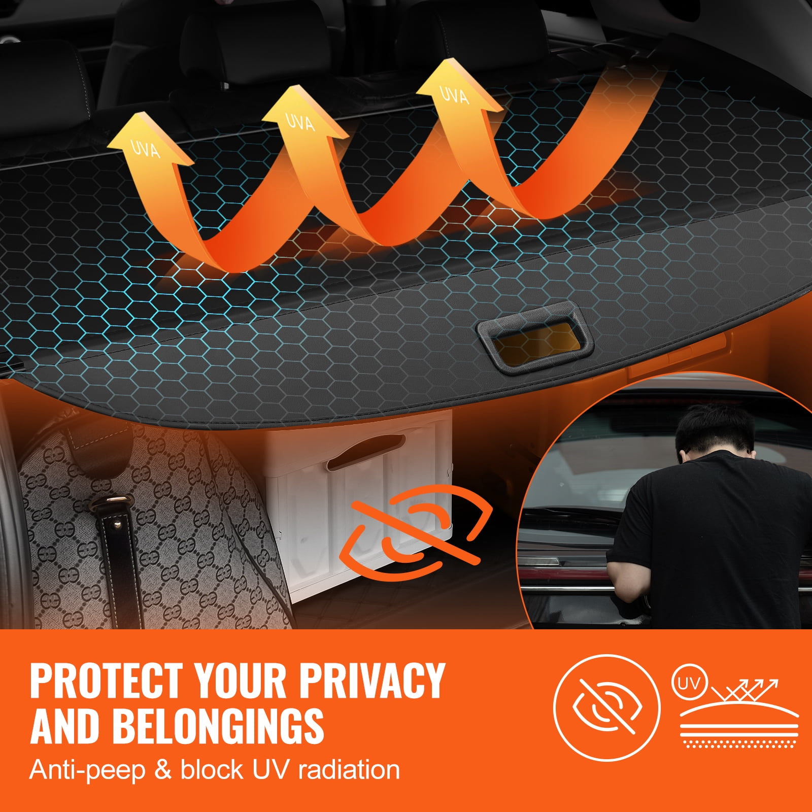 KFFKFF Pull-Out Trunk Shade for GMC Terrain & Chevrolet Equinox 2018-2024, Water-Resistant Luggage Security Screen, UV Protective Rear Cargo Cover Made of Aluminum Alloy & PVC