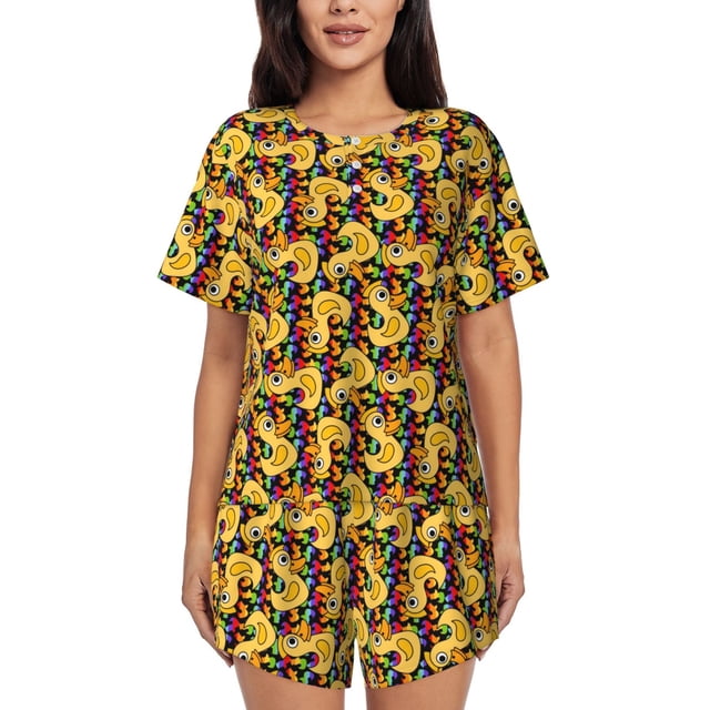 Balery Cartoon Ducks Conjunto de Pijama para Mujer con Estampado, Dos Piezas de Manga Corta y Shorts, Ropa de Dormir Suave con Cuello Redondo y Bolsillos-4X-Large
