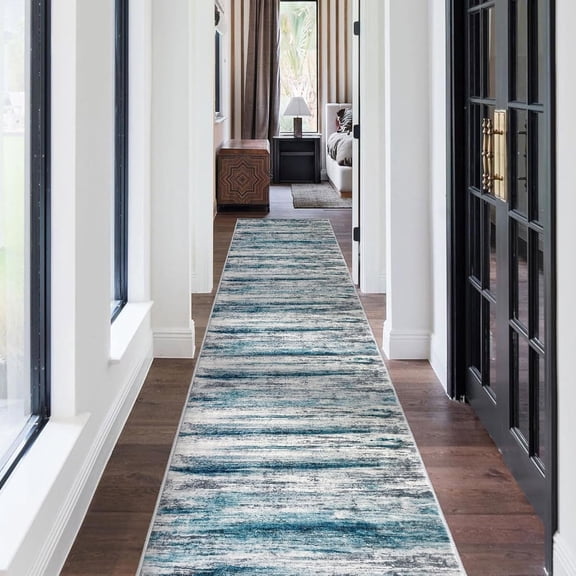 iOhouze Kitchen Runner Rug 2.6x14 Washable Rug Runner Non-Slip Soft Striped Hallway Runner Rugs, Grey Blue Print Distressed Carpet Runner for Entryway Bathroom Laundry Room Foyer