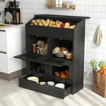 JOIVI Large Potato Storage Wood Bin, Wooden Bread Storage Bins with Removable Drawer & 4 Doors, 31'' Onion Organizer with Grocery Section, Vegetable Organization Cabinet for Kitchen, Black
