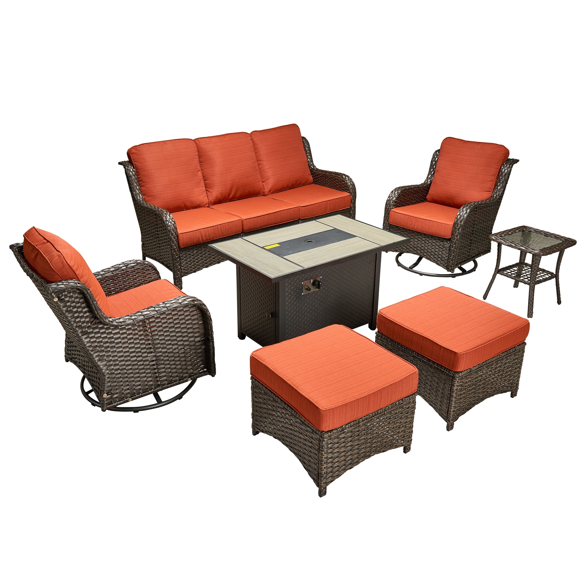 Ovios 7 Piece Outdoor Patio Furniture Set All-Weather Wicker Rattan Conversation Set with High Back Swivel Chairs & Propane Fire Pit Table, Orange Red