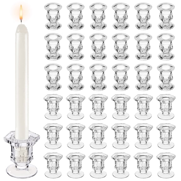 36 PCS Glass Taper Candle Holders, 2 Styles Small Clear Candlesticks, Fit 0.94 in Candles, Wedding Table Centerpiece Decor, Compact Reusable Candle Stands for Romantic Dinner, Event
