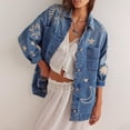 thumbnail image 2 of sicmoss Women's Blue Cotton Vintage Oversized Embroidered Denim Jacket Boho Loose Fit Button Down Casual, 2 of 7