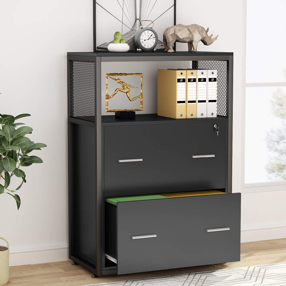 Lateral File 2 Drawer Wood Cabinet in Antique Black/White Storage Furniture 