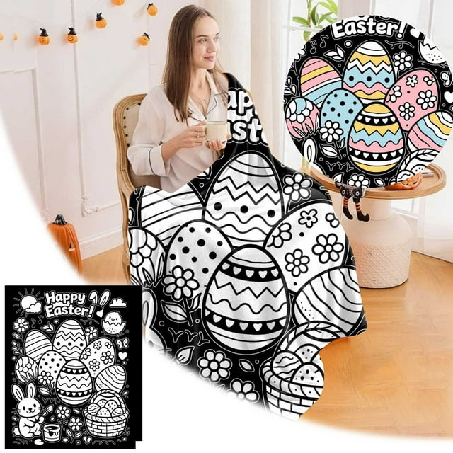 BotaniNest Easter DIY Colored Blanket An Art And Craft Colored Blanket Featuring Patterns Of Rabbits/eggs/sheep Washable Blanket Suitable For Easter And Family Activities.
