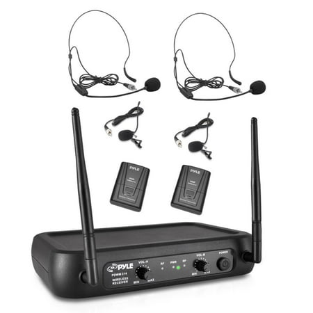Pyle PDWM2145 - Wireless Microphone System, VHF Fixed Frequency with Adjustable Volume Control, Includes (2) Body-Pack Transmitters, (2) Lavalier Mics, (2) Headset (Best Wireless Microphone For Preaching)