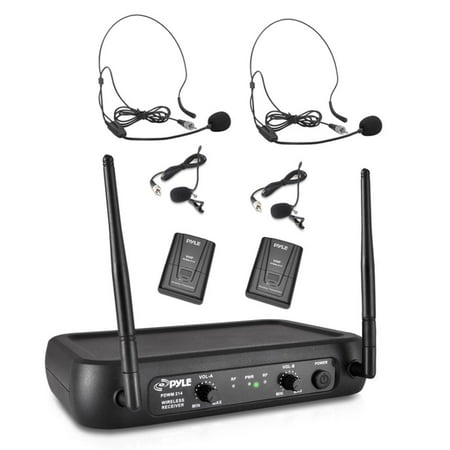 Vhf Wireless Lavalier Mic System Pyle PDWM2145 - Wireless Microphone System, VHF Fixed Frequency with Adjustable Volume Control, Includes (2) Body-Pack Transmitters, (2) Lavalier Mics, (2) Headset Mics ()
