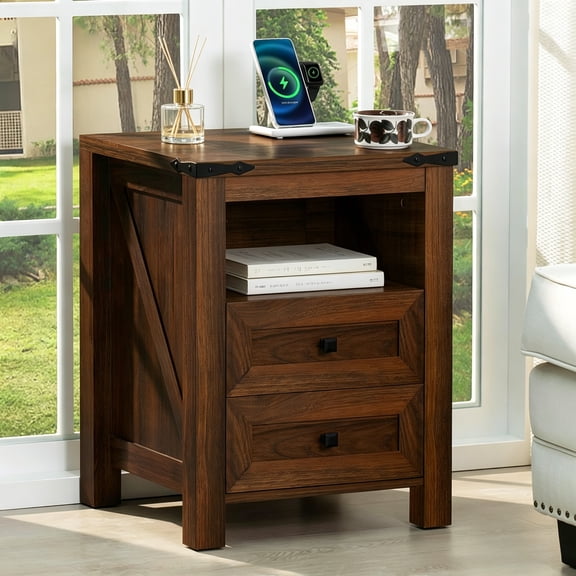 LELELINKY Farmhouse Nightstand with Charging Station, 2-Drawer Wood End Table with Shelf for Bedroom, Living Room, Brown