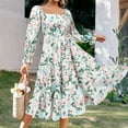 thumbnail image 2 of Women's Fall Square Neck Casual Dress Long Sleeve Smocked Ruffle A Line Knee Length Dresses Floral Print Chiffon Dress, 2 of 7