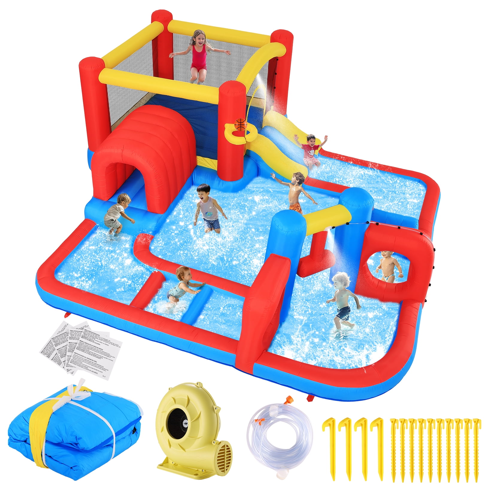 Funcid Bounce House 14.3x14.3FT, 10-in-1 Inflatable Obstacle Course, Jump Area, Ball Pit, Tunnel, Wet & Dry Use, With 520W Blower