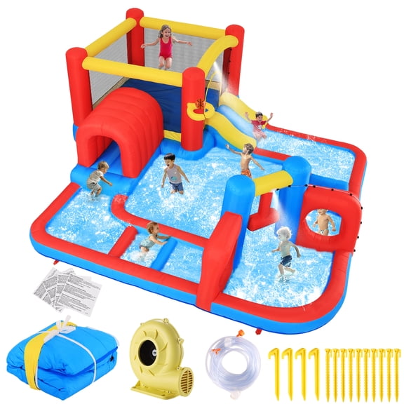 Inflatable Water Slide, Kids Bounce House Castle Splash Pool for 3-8, Backyard Bouncy Castle with 520W Blower,Basketball Hoop,Jumping Area, Obstacle and Tunnel