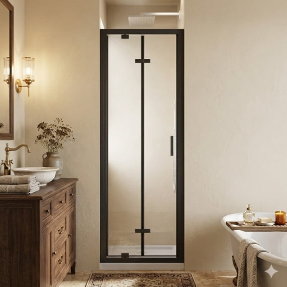 28.8-30"W x 72"H Reversible Bi-Fold Pivot Shower Door, 1/4"(6mm) Clear Tempered Glass, Black