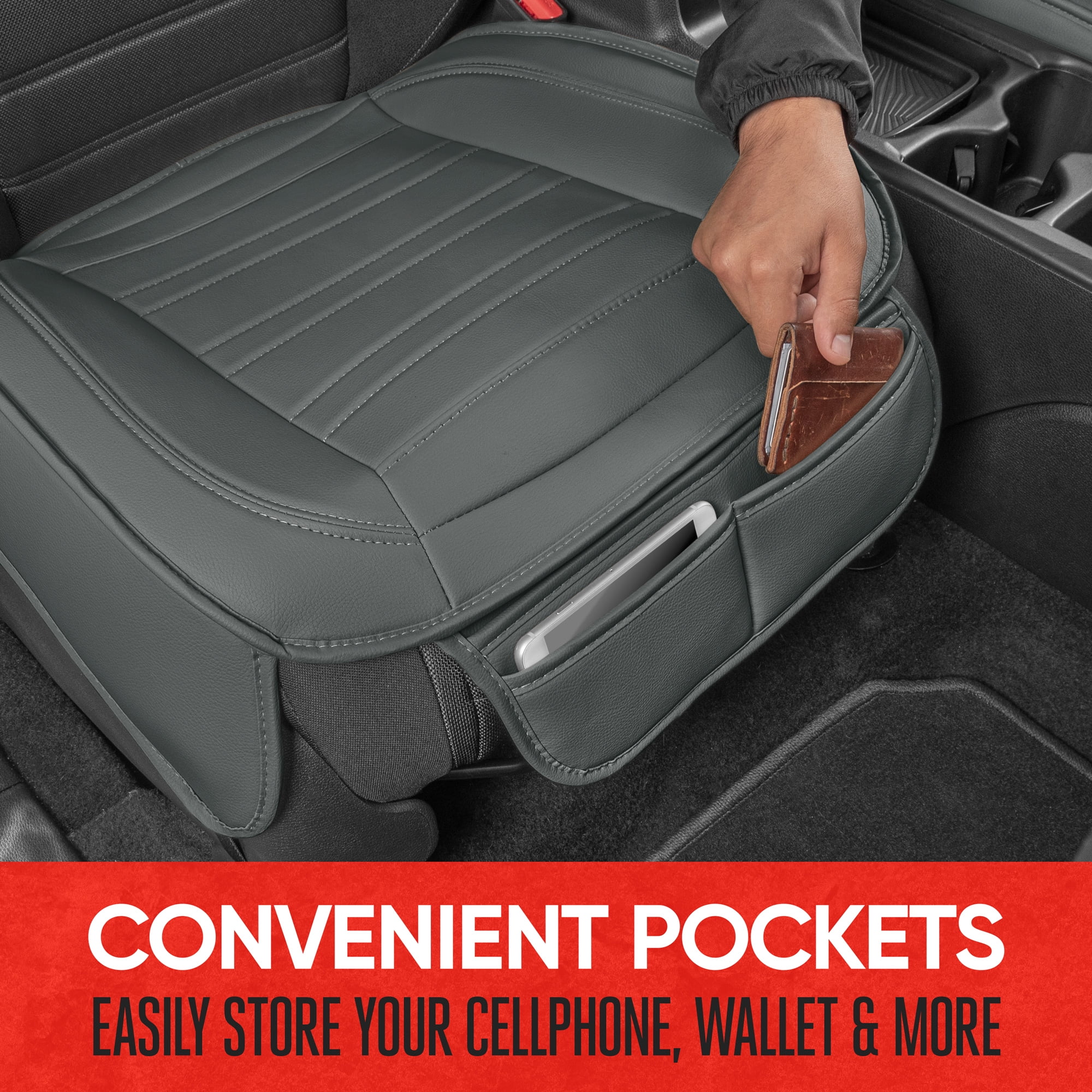 Motor Trend Faux Leather Front Seat Cover for Cars - (1) Gray Front Car Seat Covers for SUV & Truck with Storage Pockets - Automotive Car Seats Cover Protector - For Bottom Cushion Coverage Only