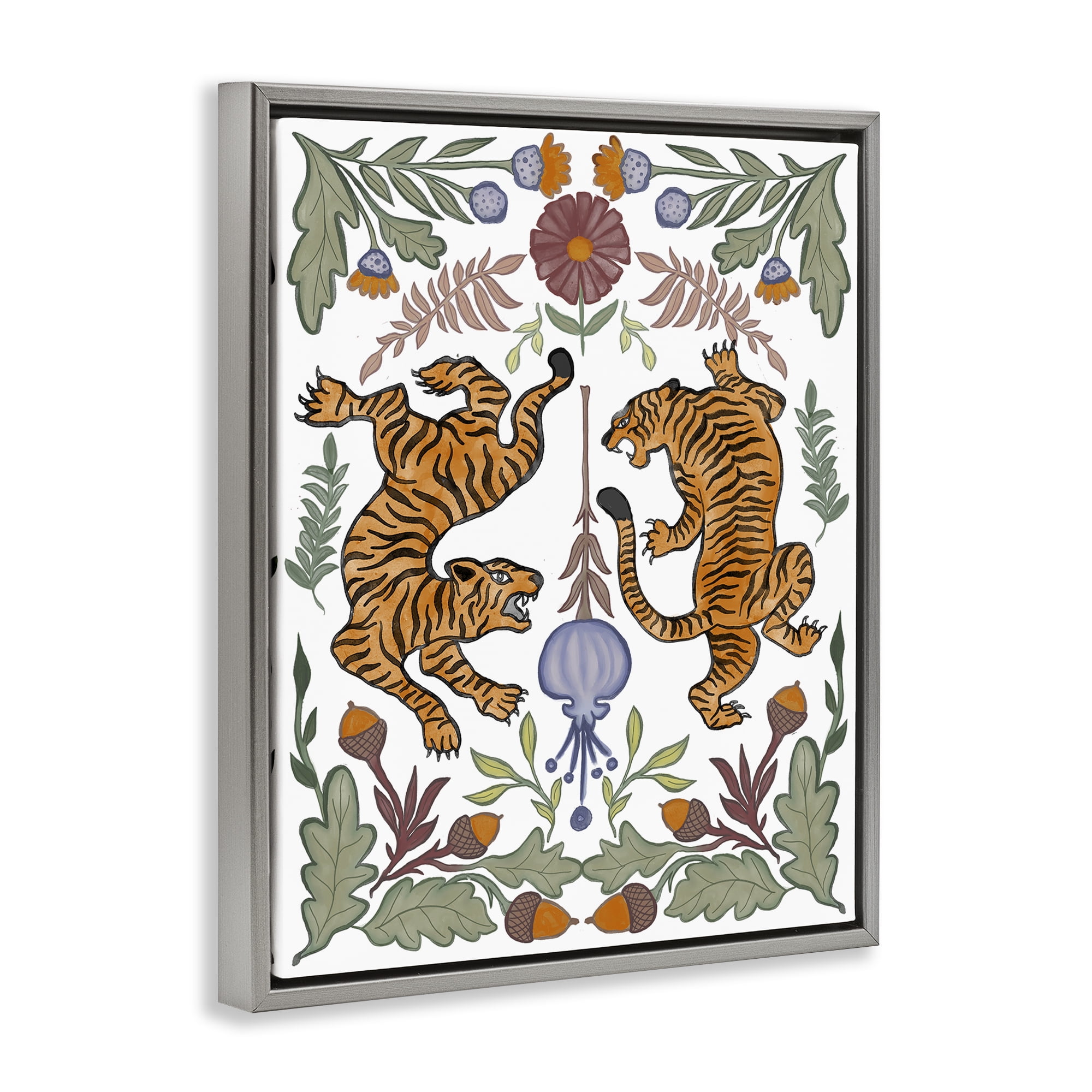 Stupell Industries Mirrored Plants with Tigers Animals Painting Gray Floater Framed Canvas Art Print Wall Art, 17 x 21