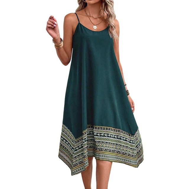 Vestido Bohemio con Bloques de Color para Mujer, Estilo Hawaiano, con Tirantes Finos y Vuelo. Verde M
