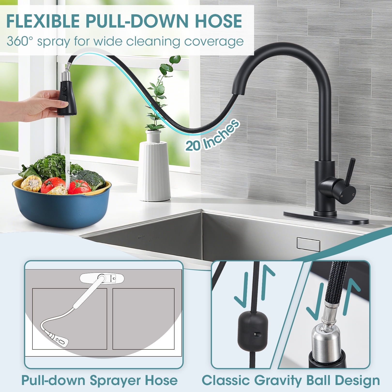 Wowkk Sanitary Ware Kitchen Sink Faucet with Pull Down Sprayer, Single Handle SUS304 Stainless Steel Kitchen Faucets with Deck Plate to Cover 1 or 3 Holes for Bar, Laundry, Matte Black