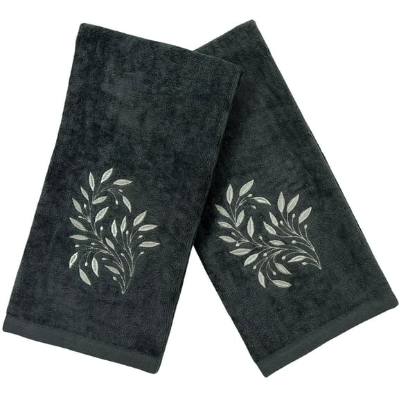 Serafina Home Fall Bath Hand Towels Bathroom Decor Farmhouse: Grey Gray Cotton Towels with Embroidered Autumn White Ornate Leaves, 2 Piece Set