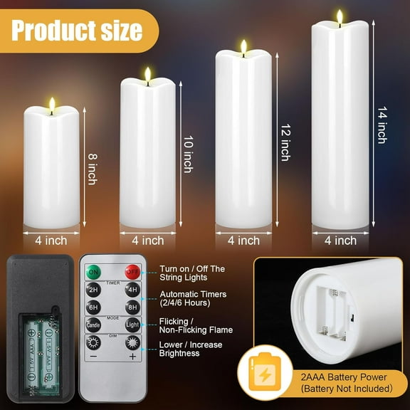 8" 10" 12" 14" x 4" Large Waterproof Outdoor Flameless Candles, 4 Pcs LED Pillar Candles with Remote and Timers Battery Operated Jumbo Flickering for Home  Church Lanterns(White)