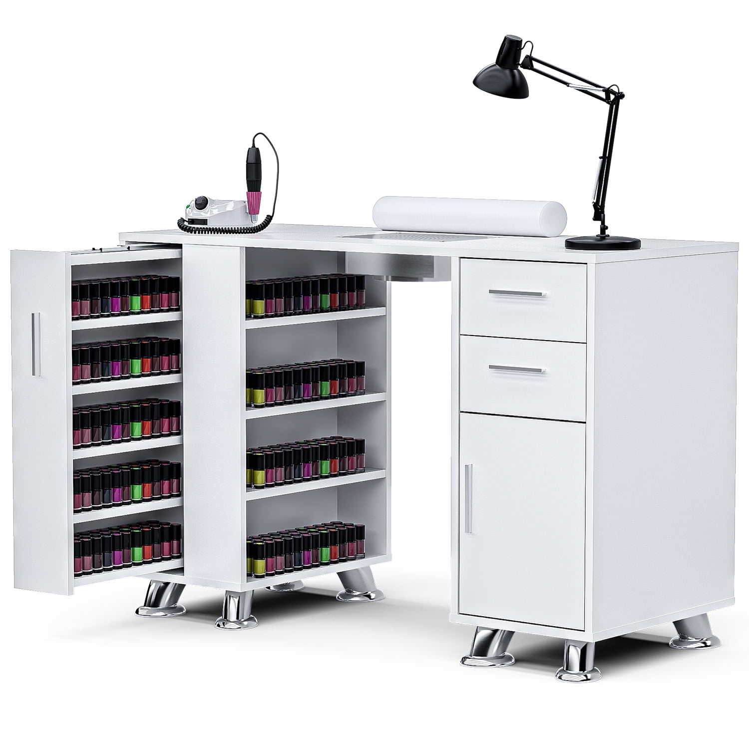 ADVWIN Manicure Table with Dust Collector, Nail Tech Desk for Beauty Salon, Nail Station with Wrist Cushion, Drawers, Shelves, and Storage Cabinet