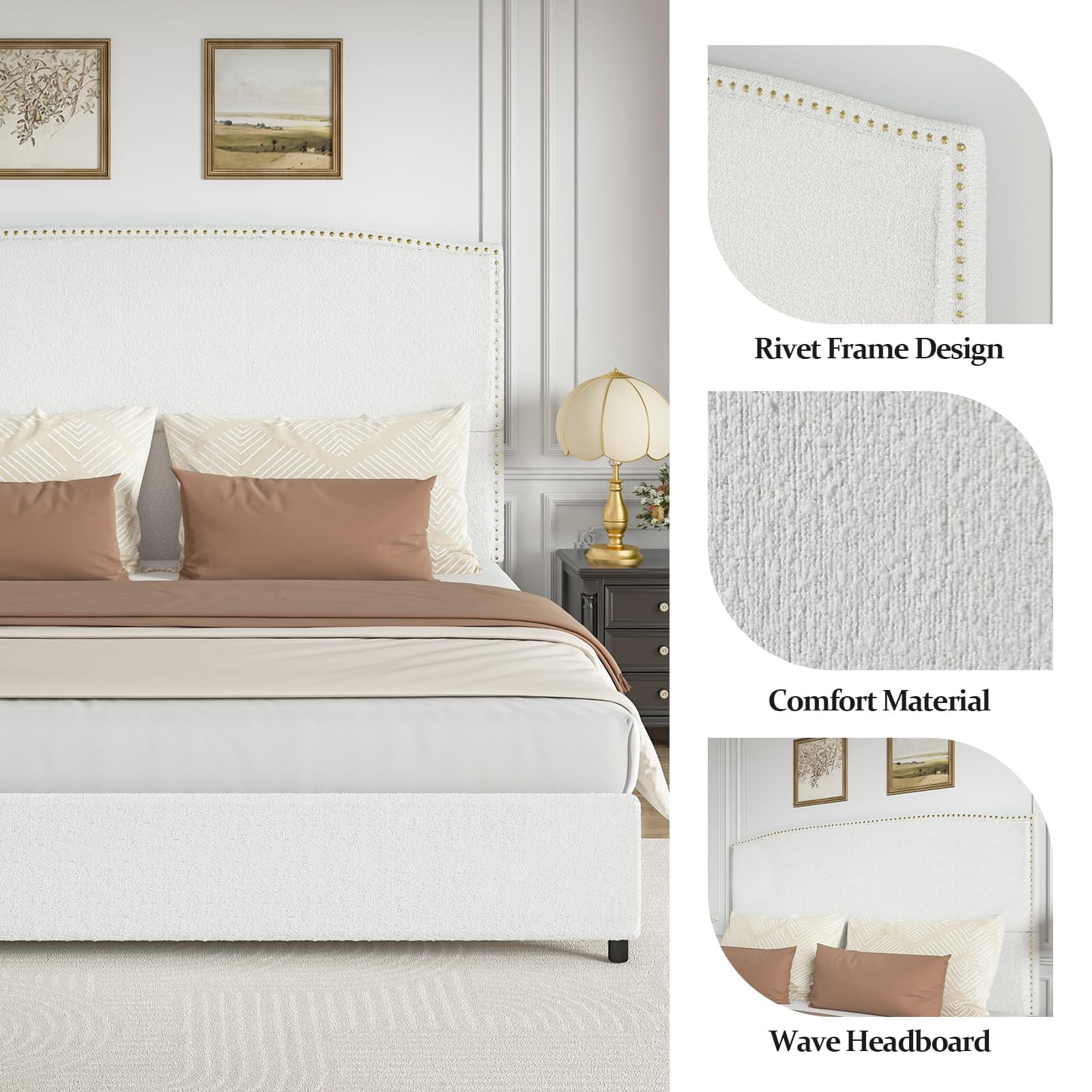 4 EVER WINNER King Bed Frame with 56" Tall Headboard, White King Bed Frame with Nailhead Trim Headboard, King Size Upholstered Platform Bed, White