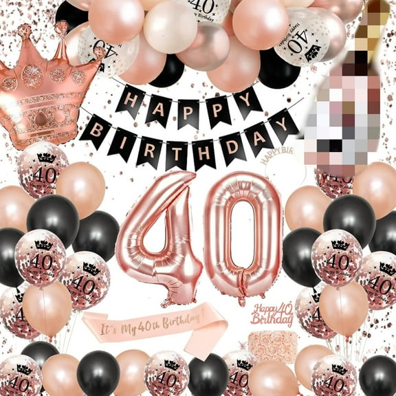 40th Birthday Decorations for Women, Rose Gold Balloons Set with Happy Birthday Banner Sash Tiara Confetti Balloons