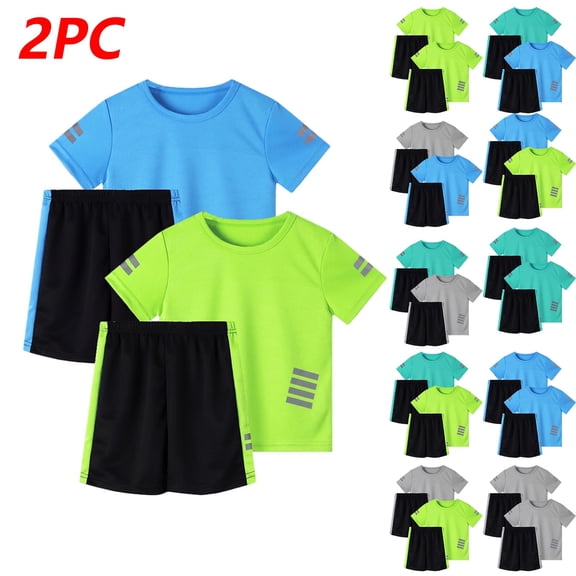 Miqool Boys 2-Pack Summer Outfits Short Sleeve Crewneck Tee and Shorts Set Reflective Strip Activewear for Kids 5-14 Years