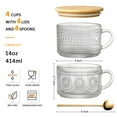 thumbnail image 3 of TINANA Vintage Coffee Mugs: 4 pack Clear Embossed Glass Cups, 14oz Overnight Oats Containers with Bamboo Lids and Spoons, Cute Coffee Bar Accessories, Iced Coffee Glasses, 3 of 7