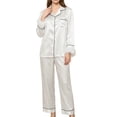 thumbnail image 2 of sdhkgrrt Women's 2 Piece Matching Pajama Set Collared Long Sleeve Shirt Long Pants Solid Casual Comfortable Lounge Set Fall Winter Tracksuit Clothing, White 2XL, 2 of 7