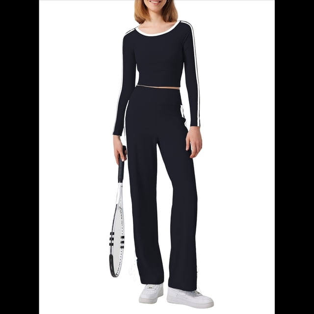 Tops Deportivos de Larga para Mujer, Camiseta Deportiva Ajustada Y2K para Gimnasio, Conjuntos de Otoño 2025 con Bloques de Color A Negro M