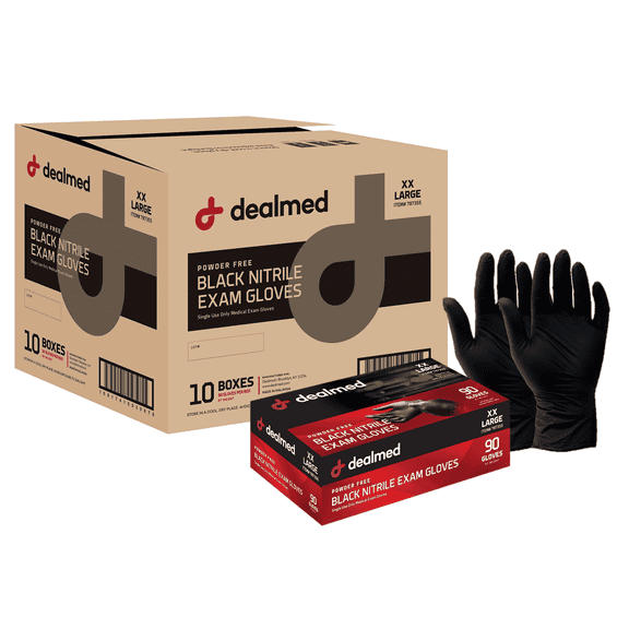 Dealmed Nitrile Exam Gloves, Black – 90 Count Disposable, Non-Irritating, Latex Free, Multi-Purpose for First Aid and Medical Facilities (2X-Large, Case of 10)