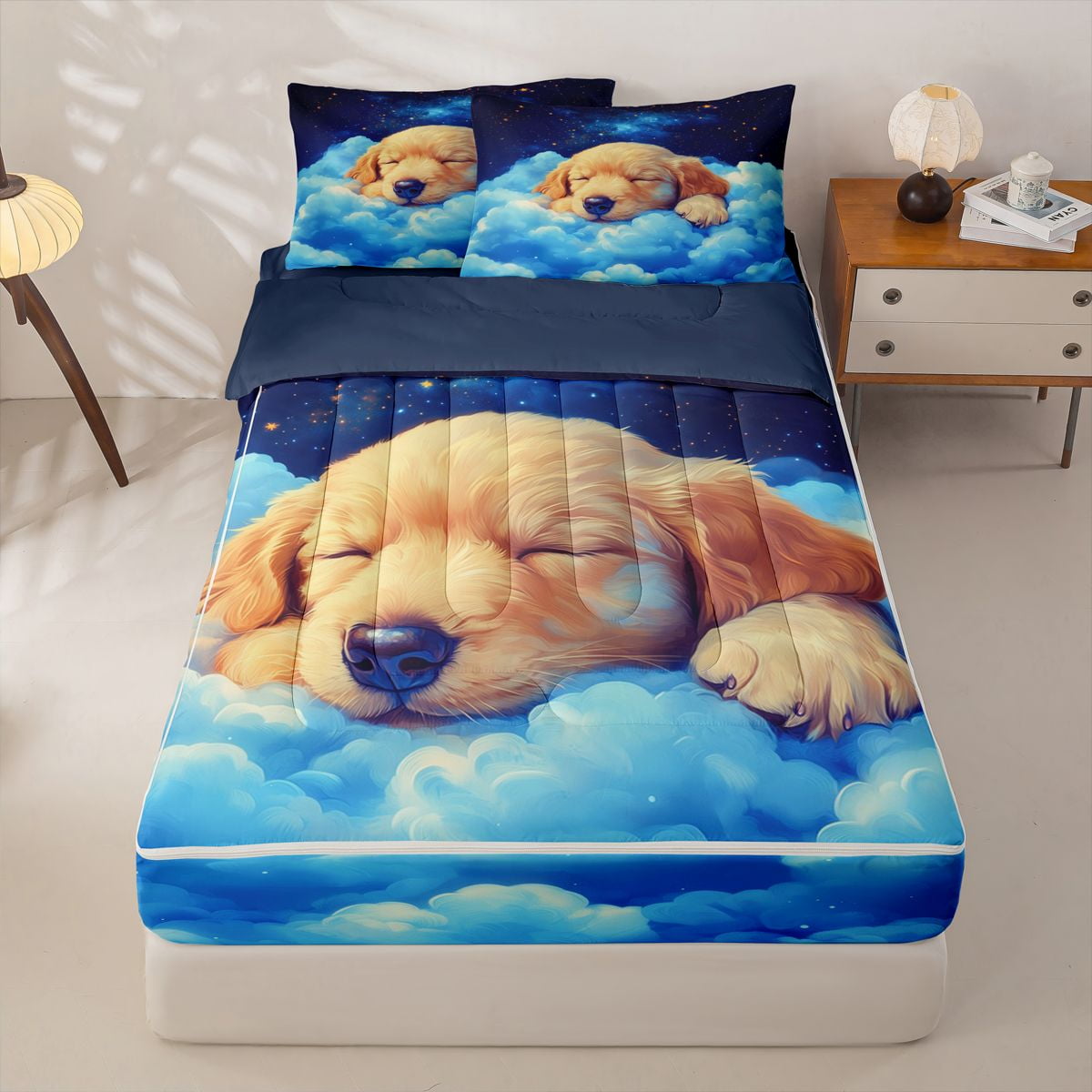 Homewish Cute Golden Retriever Zipper Full Size Comforter Sets with Fitted Sheet and 2 Pillowcases Kawaii Animal Zipper Bedding Set Clouds Decor Navy Blue Reversible 4pcs