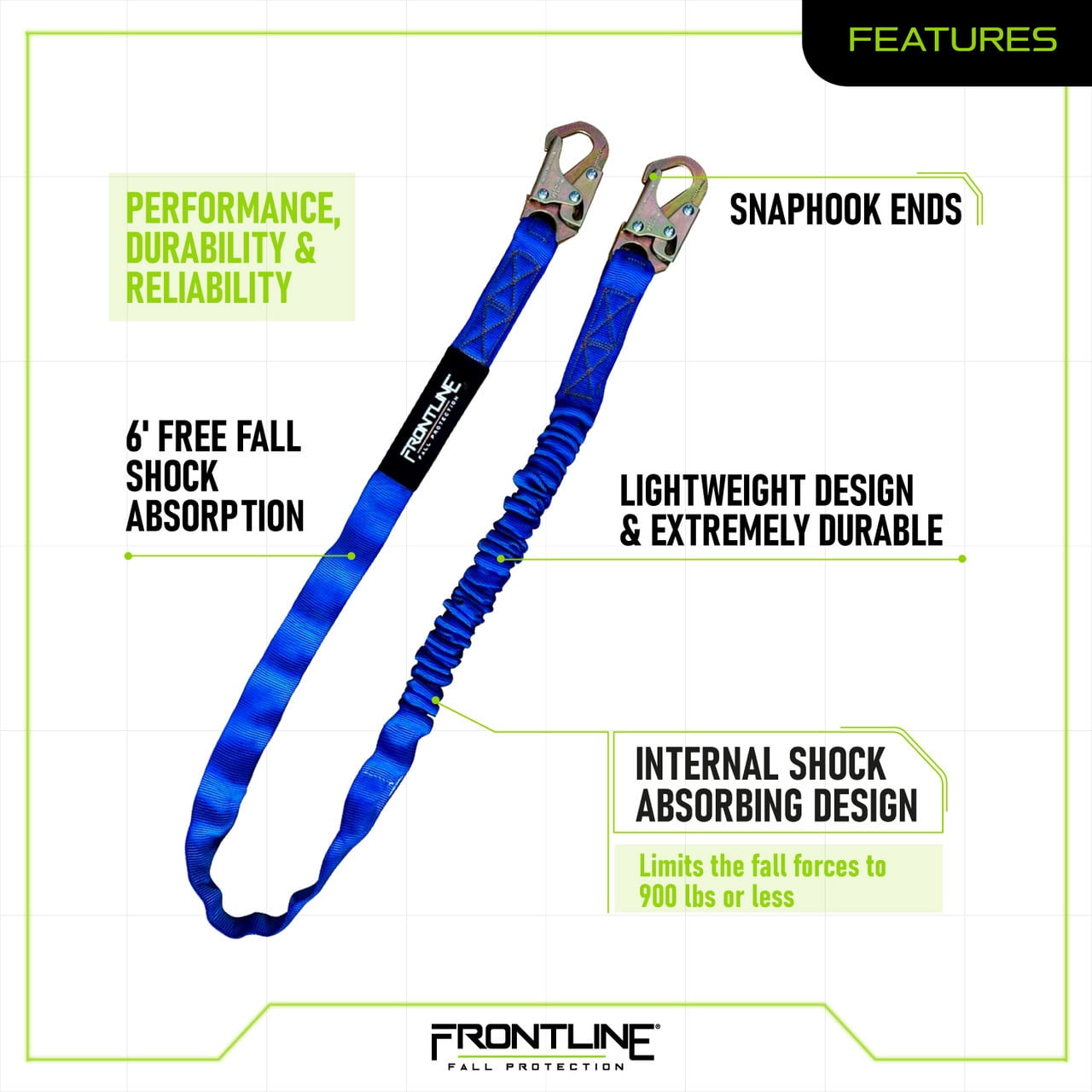 Frontline LIS61S-AM Combat™ American Style Single Leg 6' Snaphook Lanyard with Internal Shock Absorber
