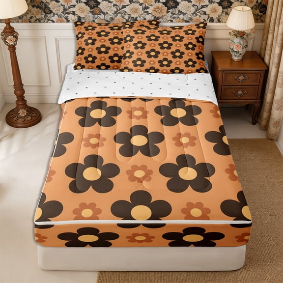 Manfei Vintage Floral Blossom Zipper Twin Comforter Sets with Fitted Sheet and 2 Pillowcases,Groovy Flowers Zipper Bedding Set,Reversible