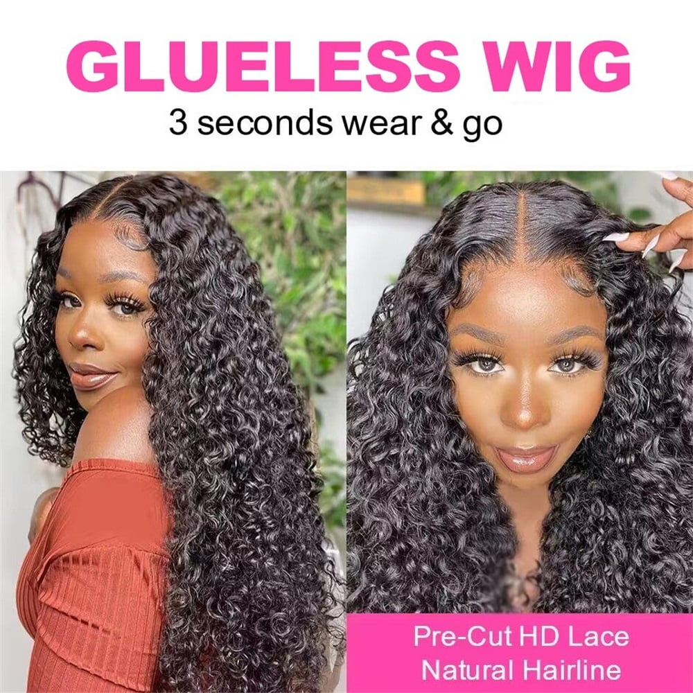 Water Wave Glueless Wig 180% Density Pre-Plucked Curly Human Hair Wigs for Women