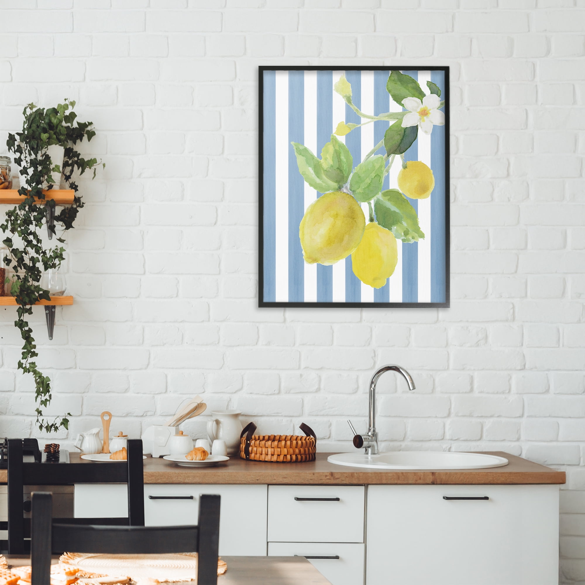 Stupell Industries Lemon Blossom on Blue Stripes Black Framed Giclee Art, design by Lanie Loreth