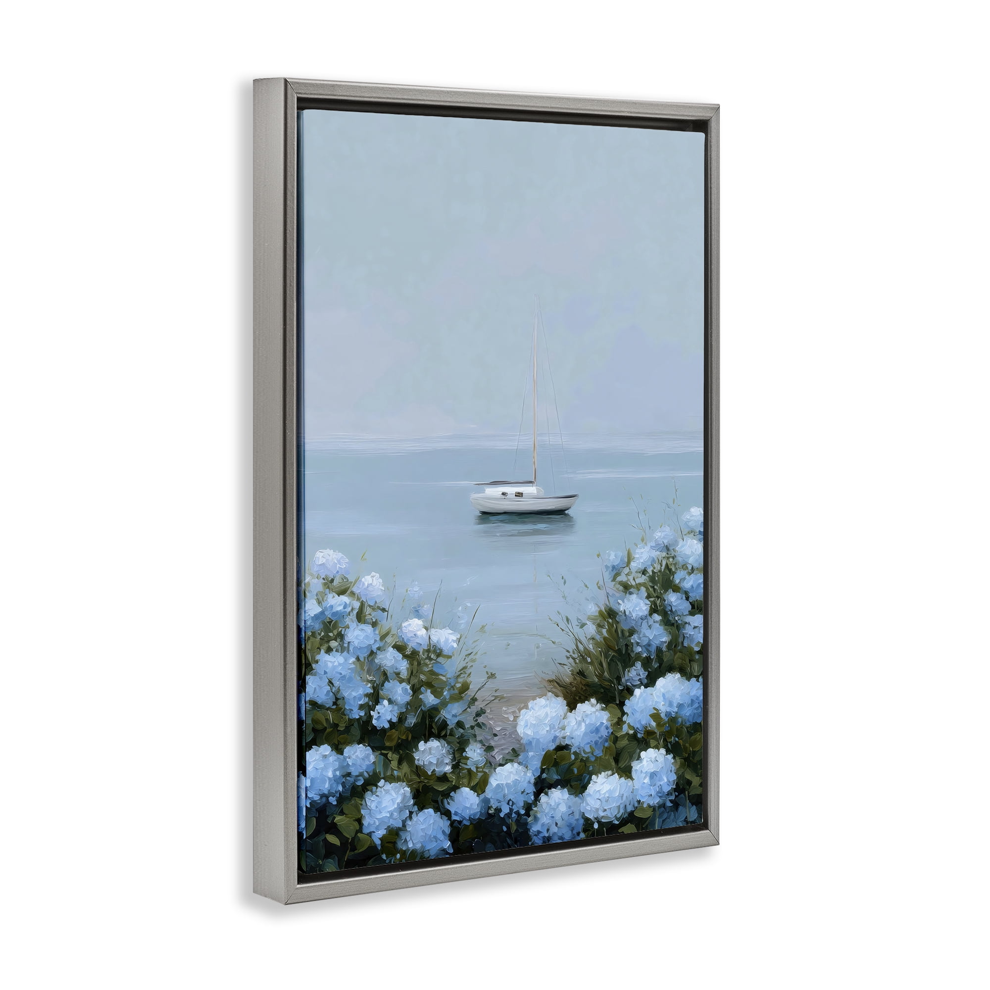 Stupell Industries Yacht in Floral Bay Gray Framed Floater Canvas Wall Art, design by Petal Prints Design