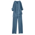 thumbnail image 4 of Cotton Linen 2 Piece Plus Size Outfits for Women, Long Sleeve Button Shirts Wide Leg Trousers Set with Pockets, Solid Color Vacation Suit Sets Two Piece Set Light Blue S, 4 of 4