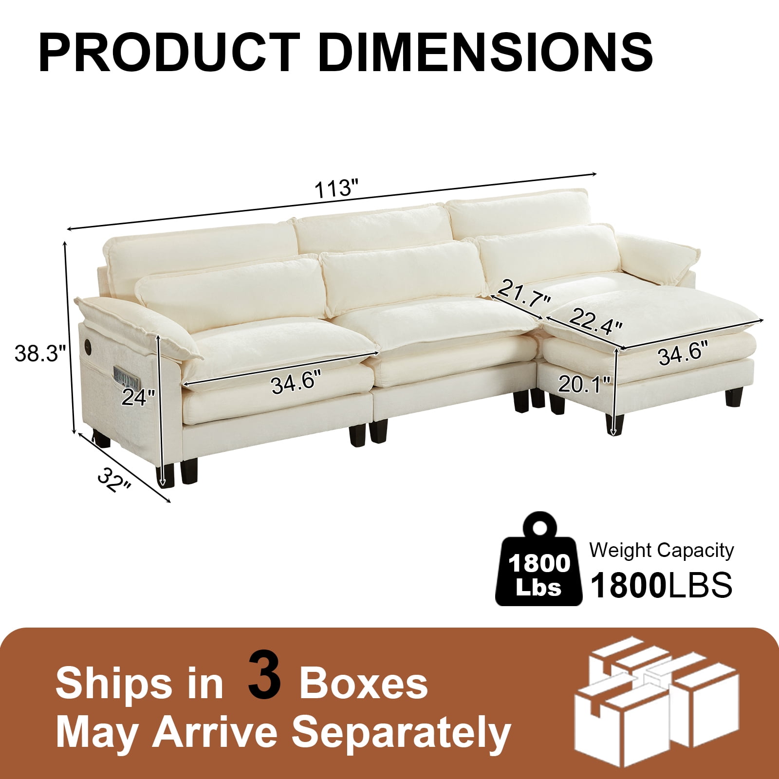 Howcool 113" Modular Sectional Sofa with Movable Ottoman , 3 Seater L Shaped Cloud Couch for Living Room, USB Charging Ports & Side Pockets, Chenille Fabric, Beige