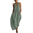 thumbnail image 2 of Guieoi Summer Dresses for Women under $10 Plus Size Flowy Cotton-Linen Halter Neck Pocket Pleated Backless Maxi Dress Green XXL, 2 of 6