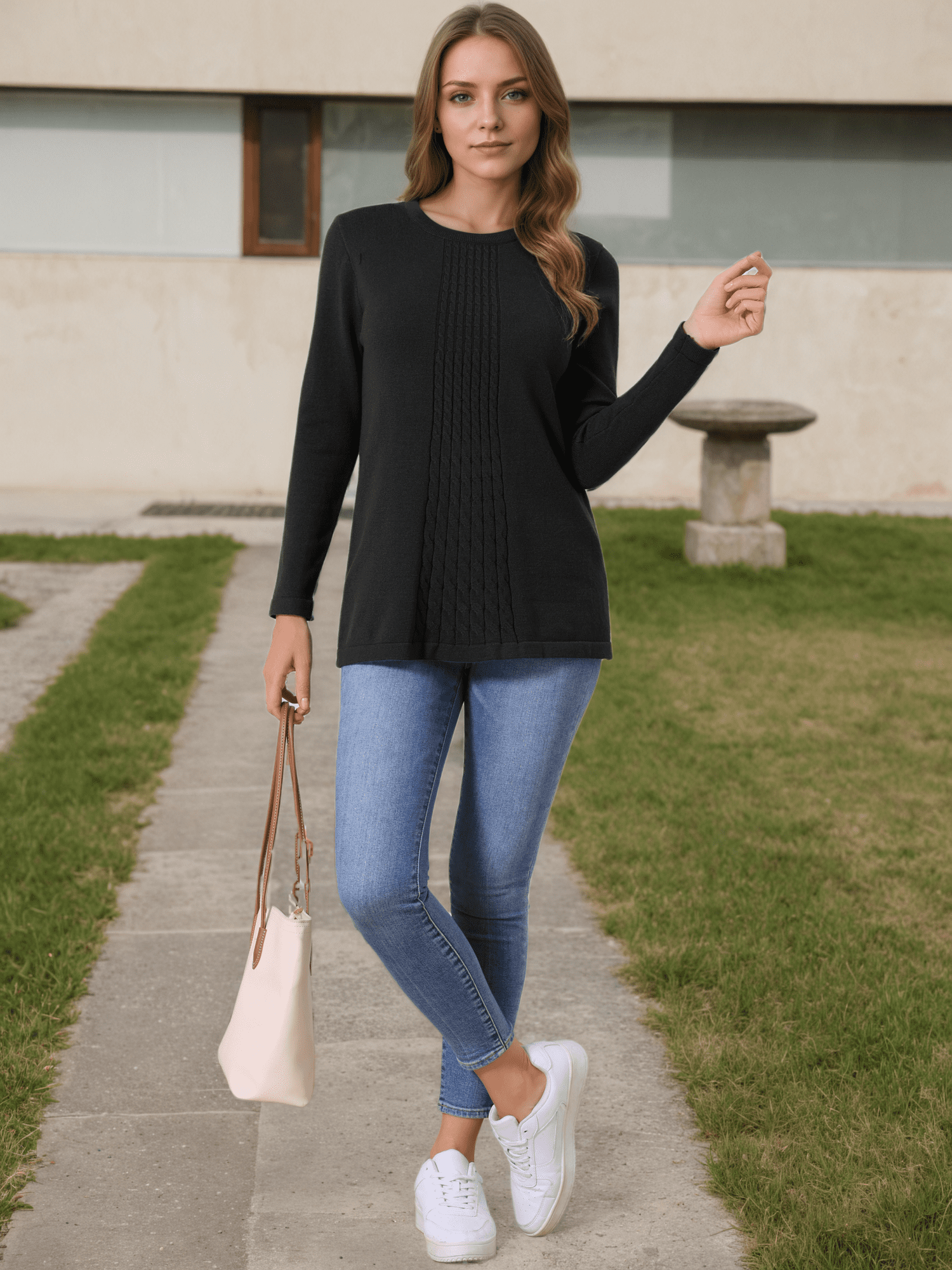 DARING DIVA Women's Crewneck Ribbed Knit Pullover Long Sleeve Sweater L Black