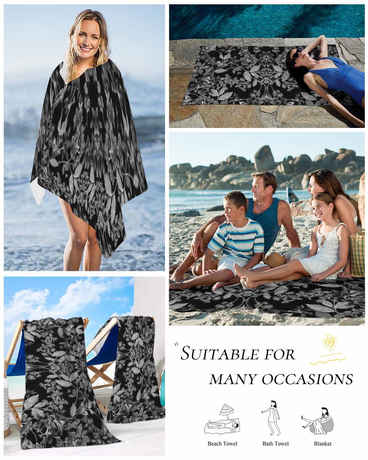 Black and White Floral Beach Towels Oversized Super Absorbent, Modern Oil Painting Abstract Art Lightweight Bath Towel Quick Dry Sets For Bathroom/Pool/Rv Camping/Beach Play/Gym Room/Picnic 35"x70"