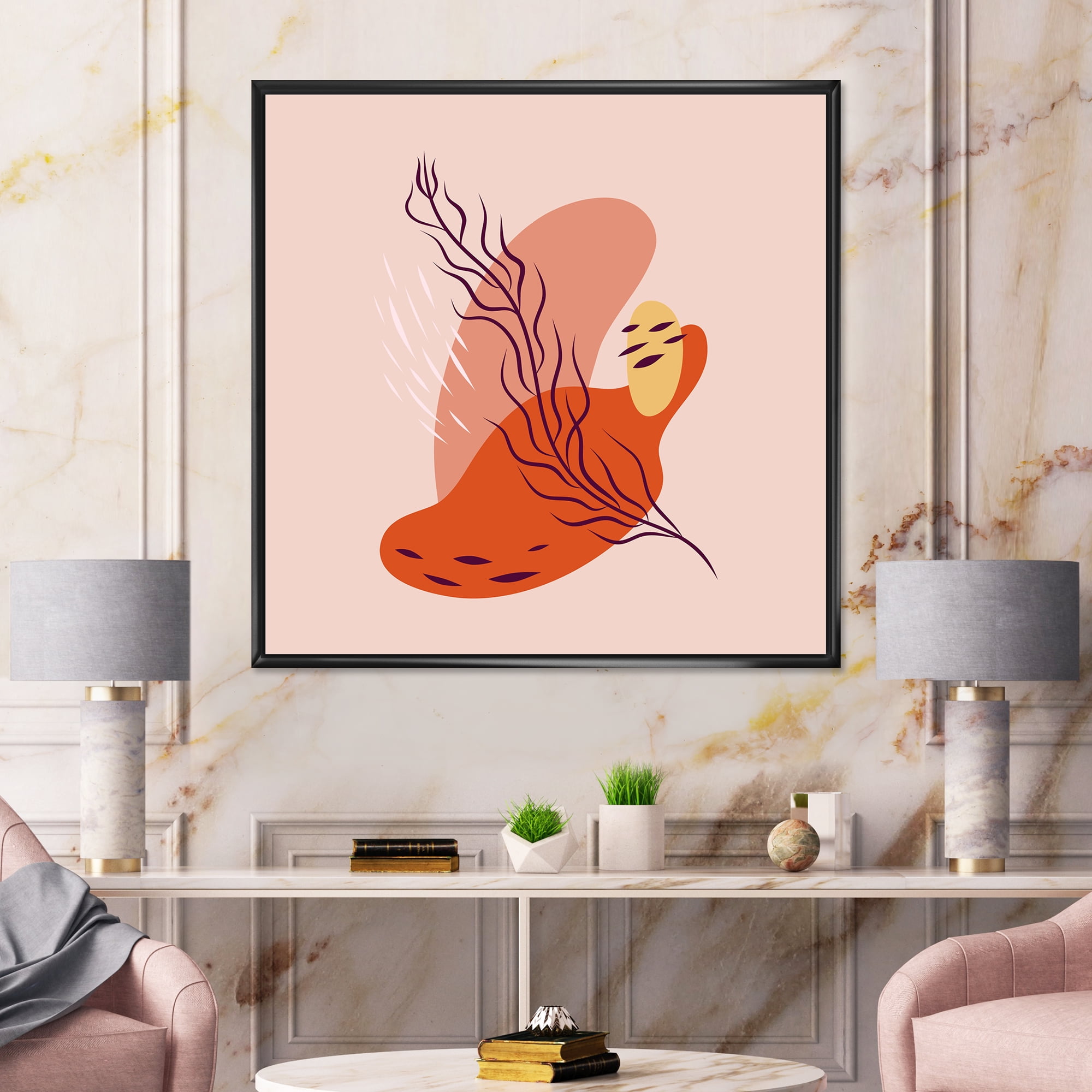 Designart 'Abstract Warm Colors Spring Leaf' Modern Framed Canvas Wall Art Print
