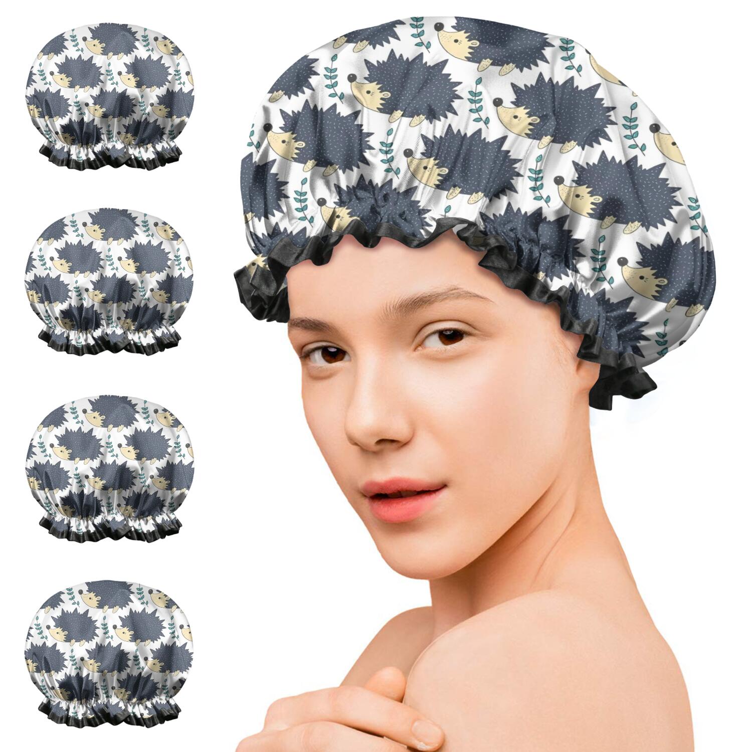 Shower Caps,Black Cute Hedgehog Pattern Waterproof Shower Cap for Women 4 Pieces,Double Reusable Hair Cover for Shower PEVA Elastic Stretch Hem