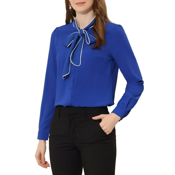 Blusa de trabajo de manga larga con botones y cuello atado para mujer INSPIRE CHIC, talla XS, azul real