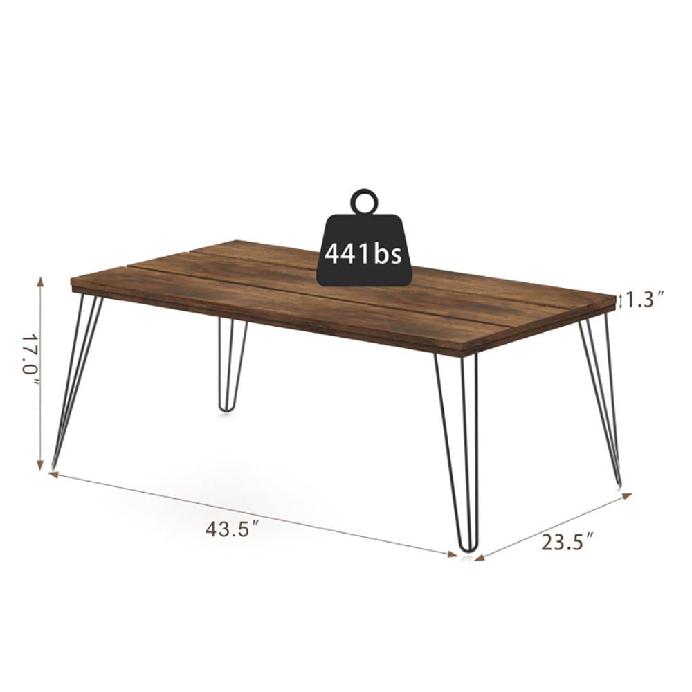 Finihen Wooden Coffee Table, Wood and Metal Rustic Cocktail Table, 43.5 Inch Wooden Rectangular Coffee Table with Metal Legs, for Living Room, Reception Room, Office, Brown