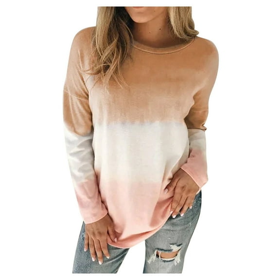 Oversized Sweatshirts for Womens Casual Crew Neck Pullover Tops Long Sleeve Gradient Contrast Color-Block Tie Dye Blouse